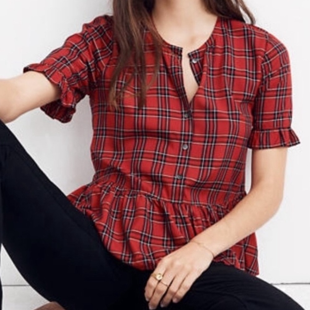 Like NEW Madewell Christmas red plaid peplum top blouse XS
